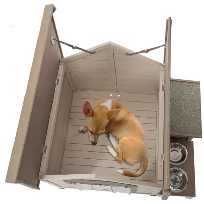 Wooden Dog House with Feeding station - brevityofgoodsshop