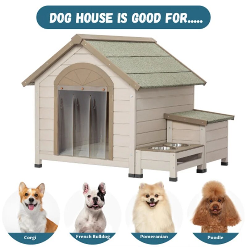 Wooden Dog House with Feeding station - brevityofgoodsshop