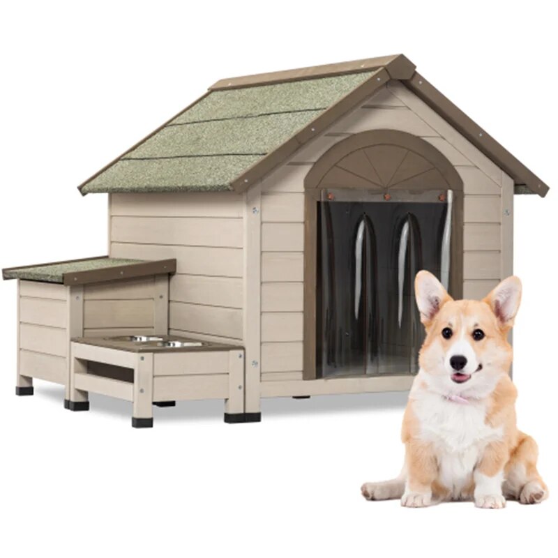 Wooden Dog House with Feeding station - brevityofgoodsshop